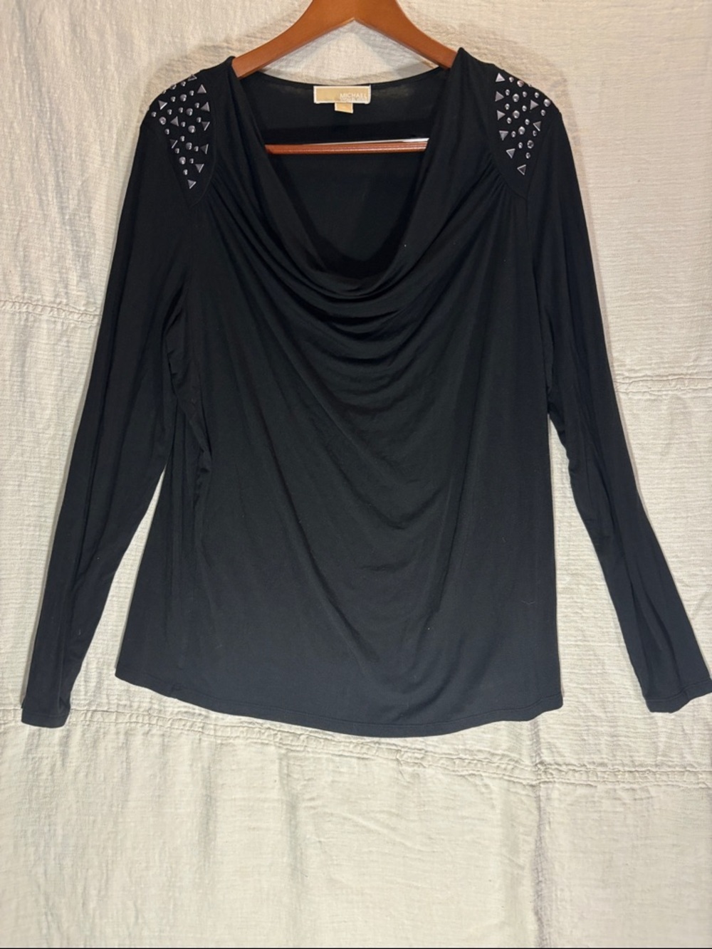 MICHAEL Michael Kors Black Long-Sleeve Cowl Neck Top with Studded Shoulders
